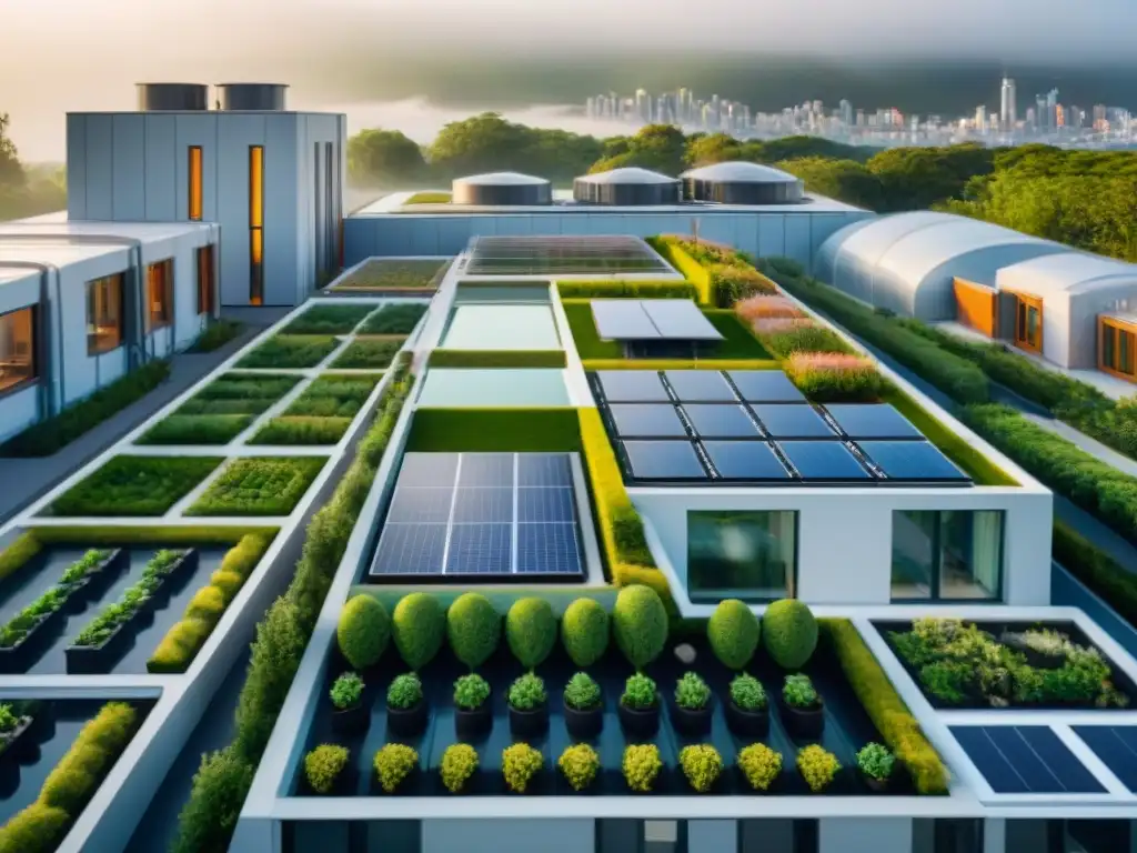 Edificio moderno con jardines en azotea, paneles solares y reciclaje de aguas grises en arquitectura