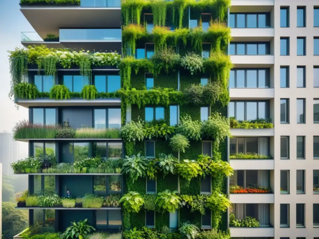 Un edificio moderno cubierto de huertos verticales, donde la naturaleza y el diseño urbano se fusionan armoniosamente