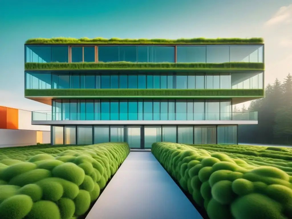 Un edificio moderno cubierto de microalgas verdes, simbolizando la armonía entre naturaleza y arquitectura en construcción sostenible