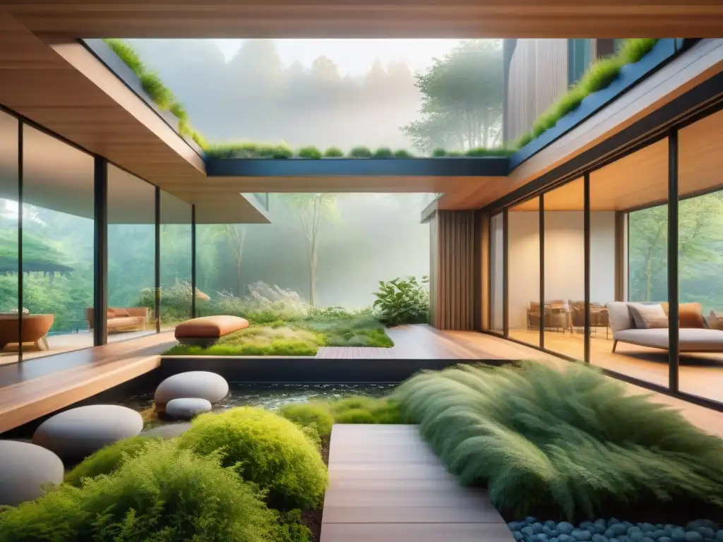 Arquitectura ecofriendly: diseño biófilo integrado en la naturaleza Un edificio moderno ecológico integrado en la naturaleza con diseño biófilo