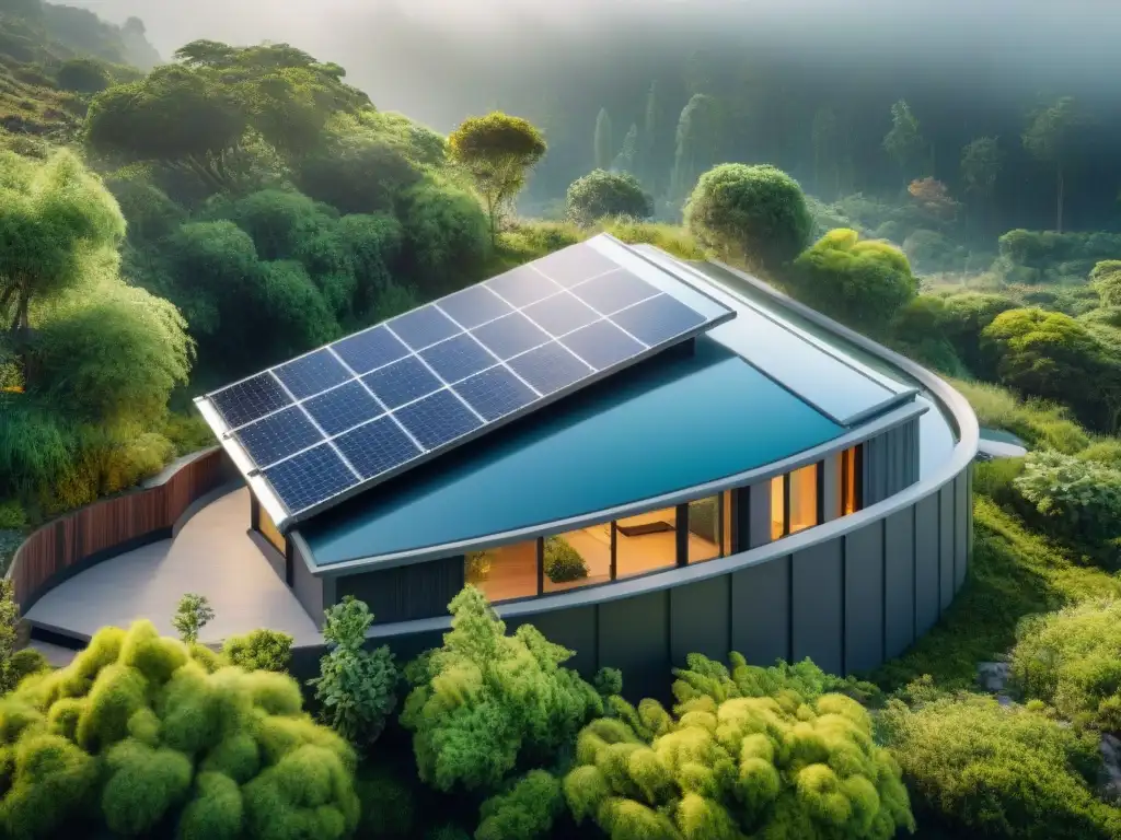 Edificio moderno ecológico integrado en paisaje verde con paneles solares y diseño sostenible