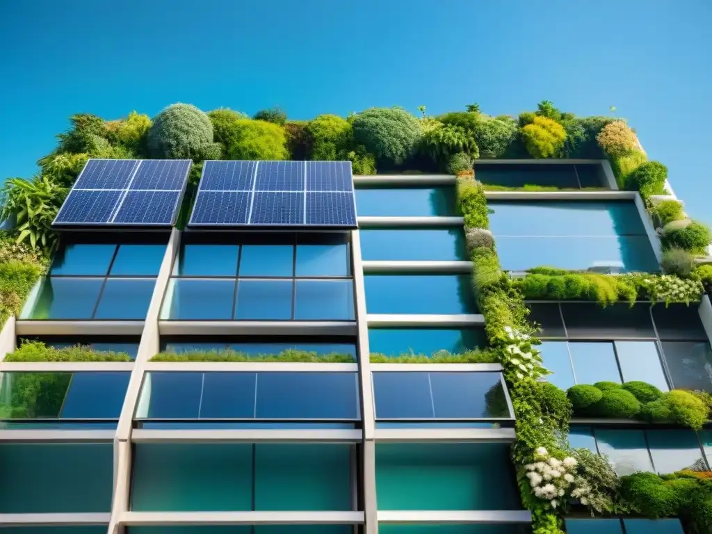 Un edificio moderno y ecológico, con paneles solares, rodeado de vegetación y cielos azules