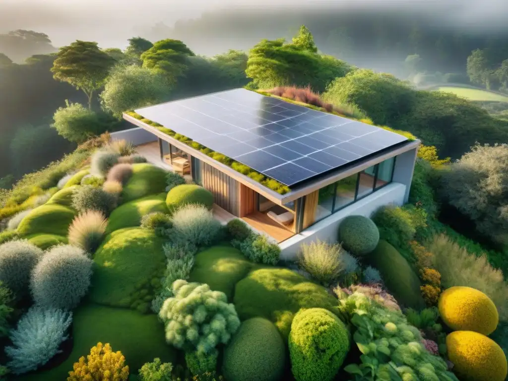 Un edificio moderno y ecológico con techo verde y paneles solares, rodeado de un jardín sostenible