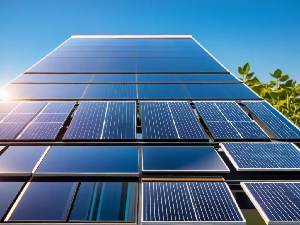 Un edificio moderno con fachada de paneles solares transparentes eficientes, reflejando el sol y el entorno