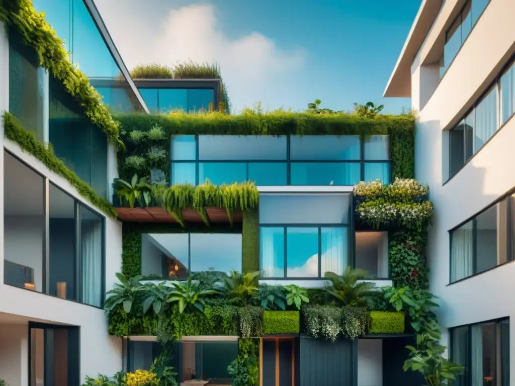 Un edificio moderno con jardines verticales y paneles solares ecoamigables