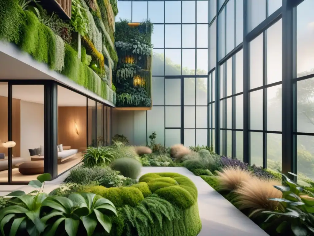 Un edificio moderno con jardines verticales de textiles orgánicos sostenibles