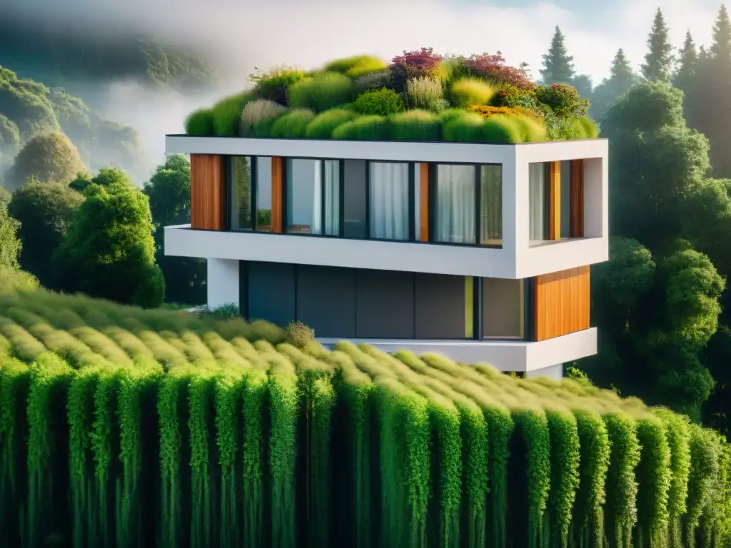Edificio moderno y sostenible: lujo eco en 8k Edificio moderno de materiales sostenibles rodeado de vegetación exuberante