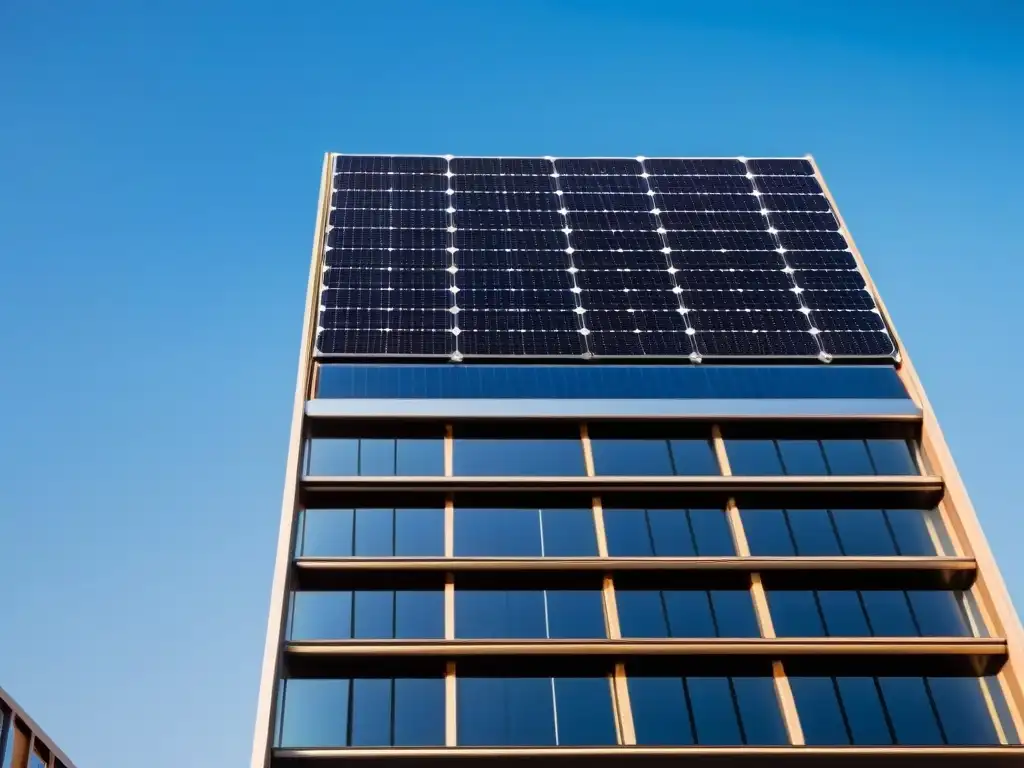 Un edificio moderno con paneles solares integrados, capturando la energía solar en un diseño ecoamigable