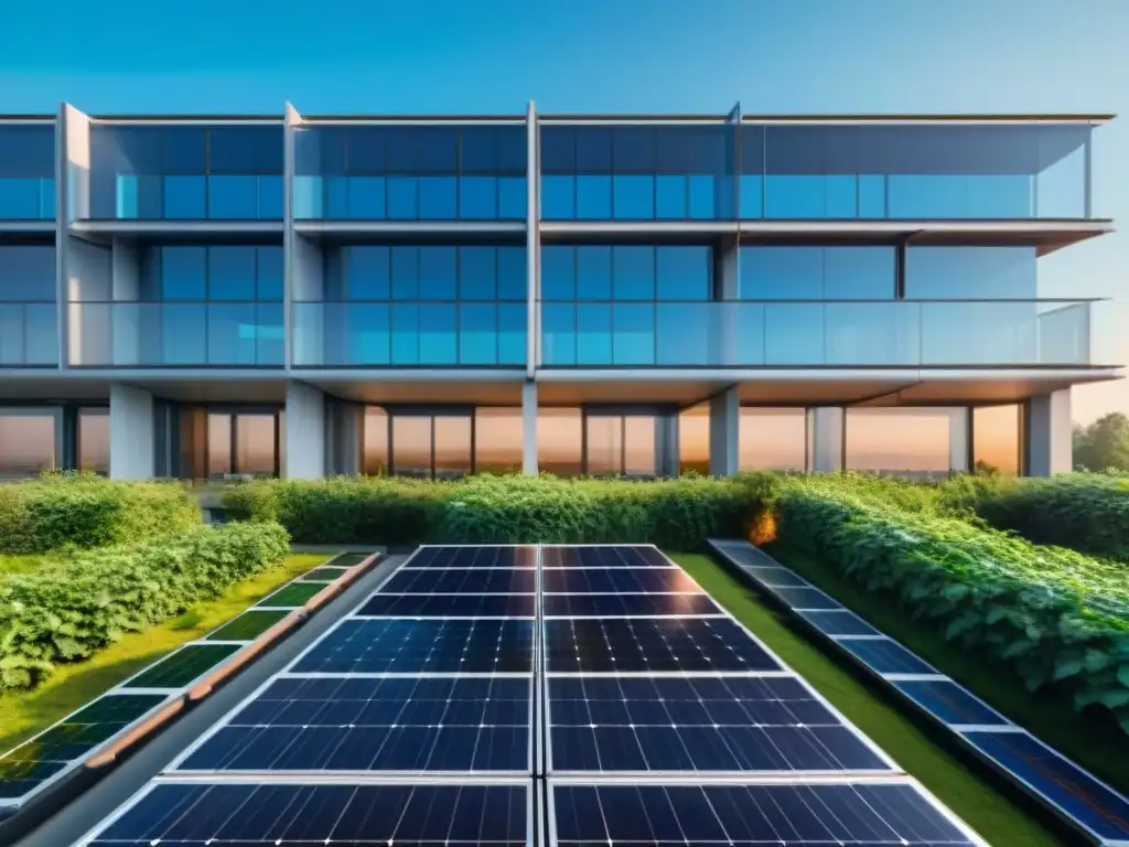 Un edificio moderno con paneles solares, rodeado de vegetación y cielo azul