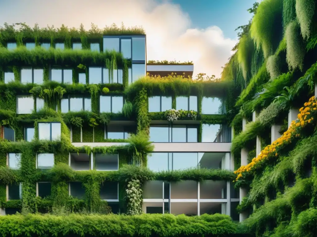 Un edificio moderno rodeado de exuberante vegetación, con diseño biofílico para vivienda sostenible