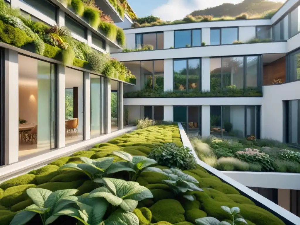 Edificio moderno rodeado de exuberante vegetación, con diseño ecoamigable