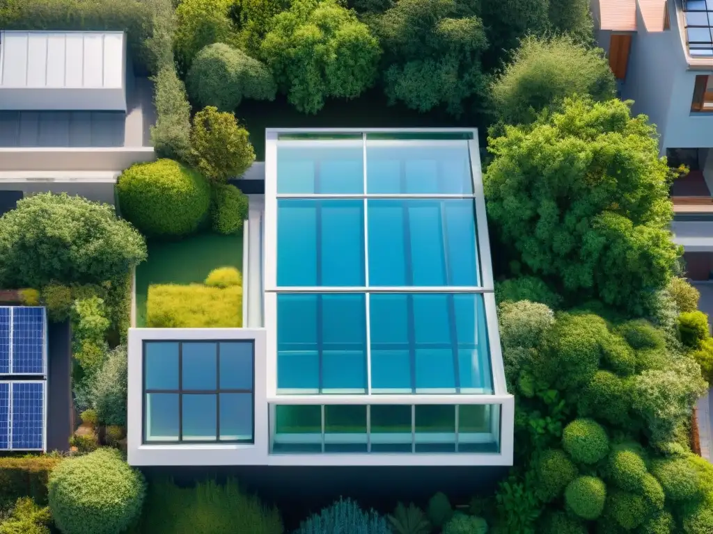 Un edificio moderno y sostenible hecho de paneles de vidrio reciclado, con un jardín en la azotea y paneles solares