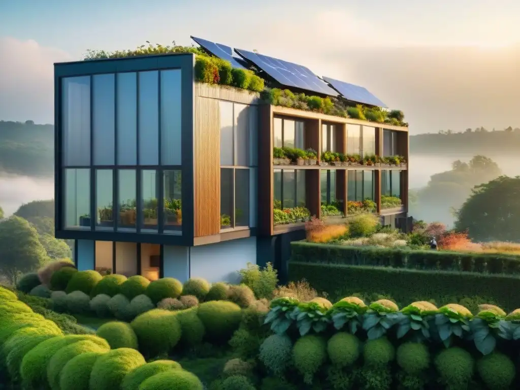 Un edificio moderno de diseño sostenible integrado en un paisaje verde, con paneles solares y jardines verticales