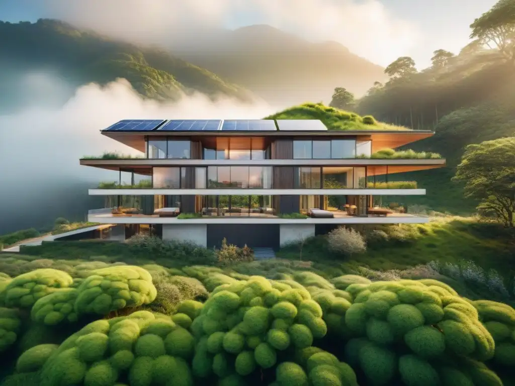 Un edificio moderno y sostenible se integra a la perfección en un paisaje verde, destacando sus materiales ecológicos y diseño innovador