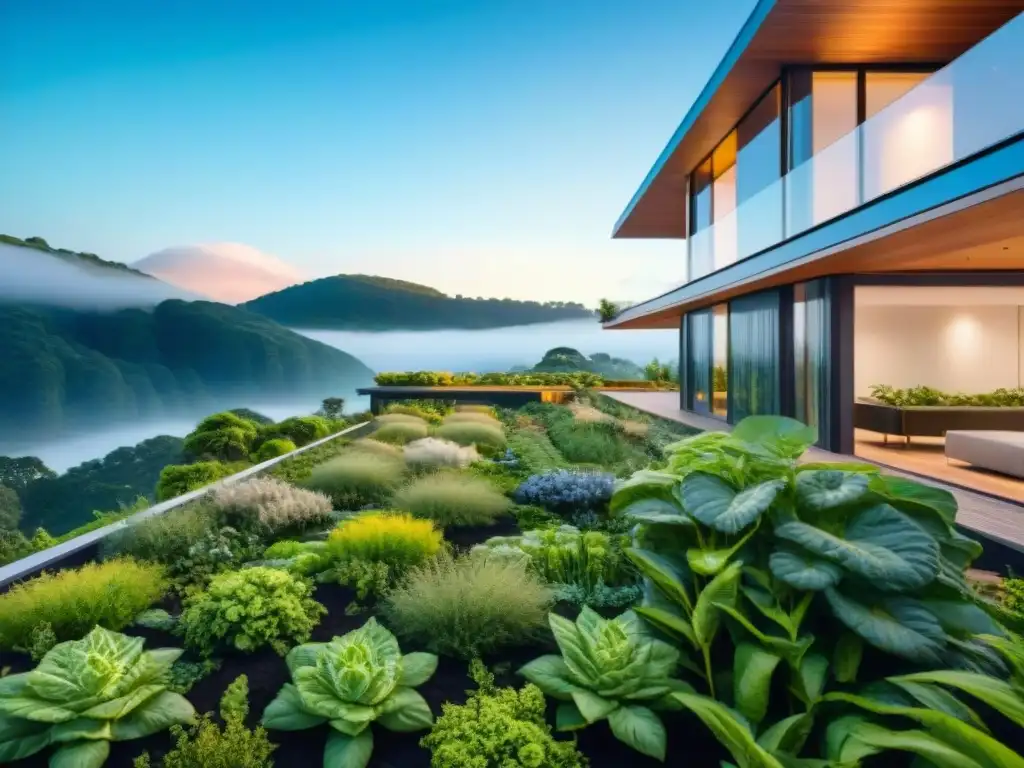 Un edificio moderno y sostenible rodeado de vegetación, con paneles solares y jardín en el tejado