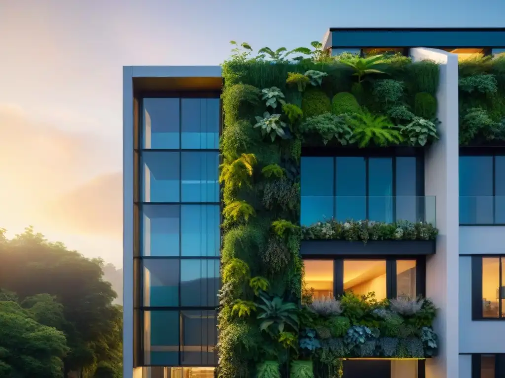 Un edificio moderno con tecnología verde para certificaciones sostenibles, rodeado de naturaleza exuberante al atardecer