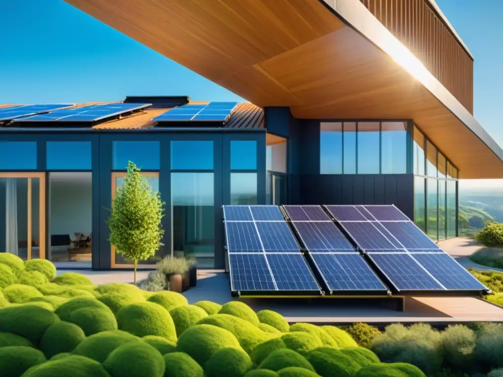 Un edificio moderno con tecnologías energéticamente eficientes, como paneles solares y techos verdes