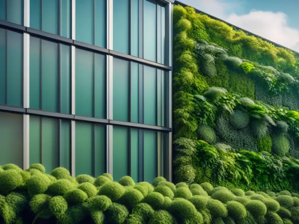 Un edificio moderno verde con paneles solares y vegetación exuberante, reflejando innovación y conciencia ambiental