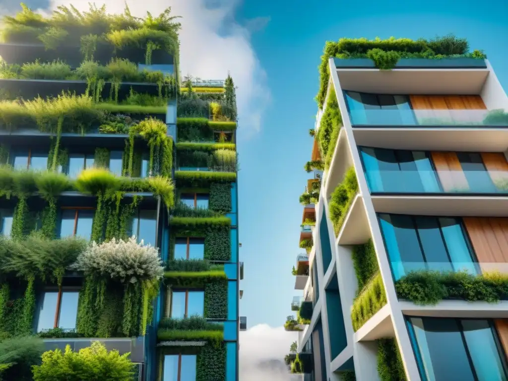 Edificio residencial ecológico con jardines verticales exuberantes desde el suelo hasta el techo, destacando la belleza de los techos verdes