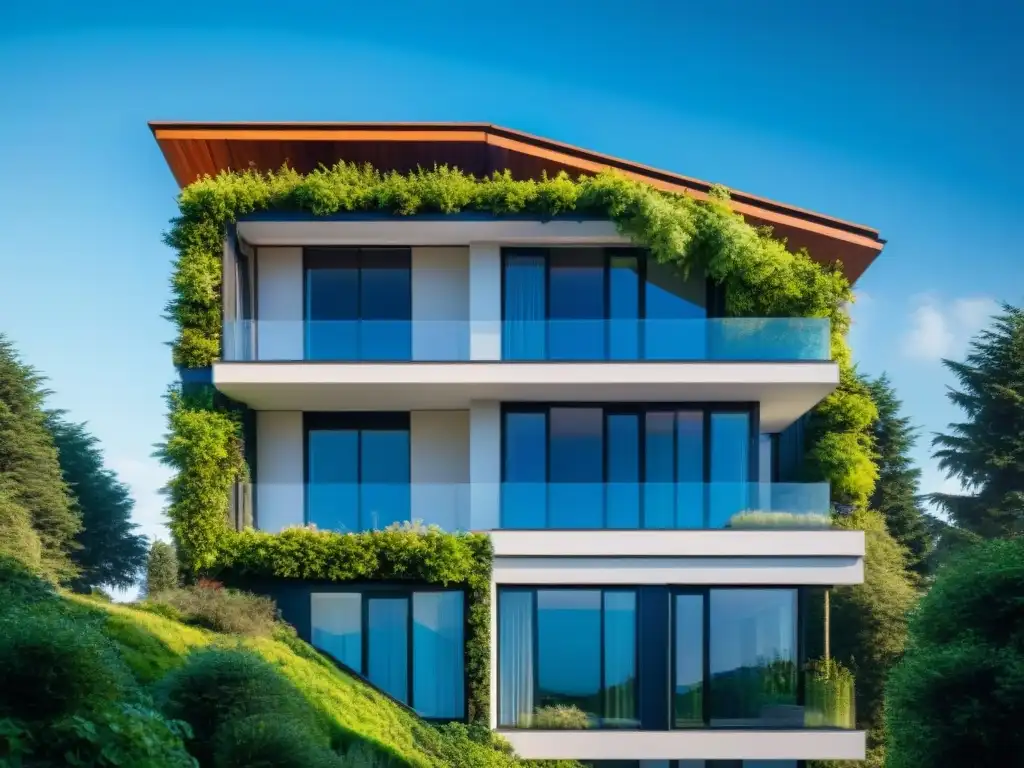 Edificio residencial ecológico con paneles solares, vegetación exuberante y cielo azul