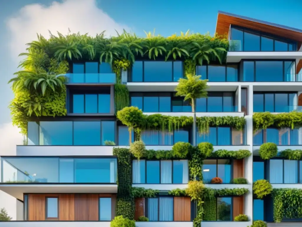 Un edificio residencial moderno y ecológico con paneles solares en el techo, rodeado de vegetación y cielo azul