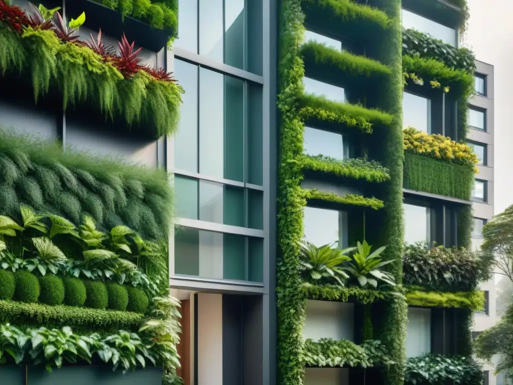 Edificio residencial moderno con integración de muros vivientes sostenibles en armonía con la naturaleza urbana