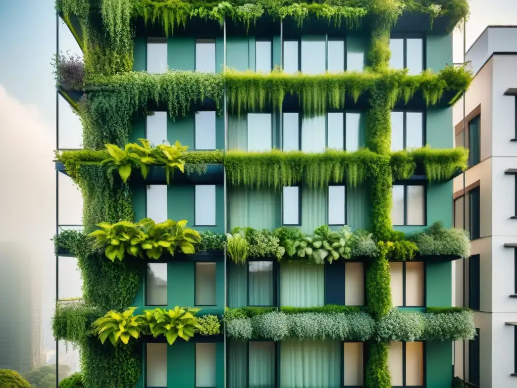 Un edificio residencial moderno con jardines verticales exuberantes, creando armonía entre naturaleza y arquitectura