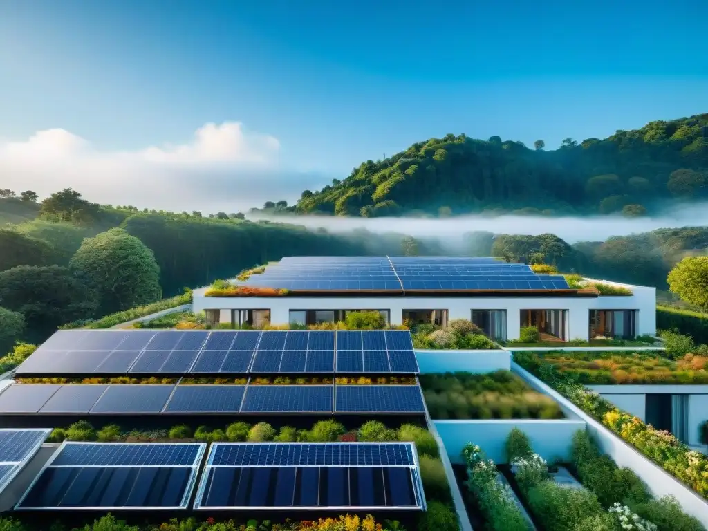 Edificio residencial moderno con Tecnología para vivienda sostenible, en armonía con la naturaleza y el cielo azul