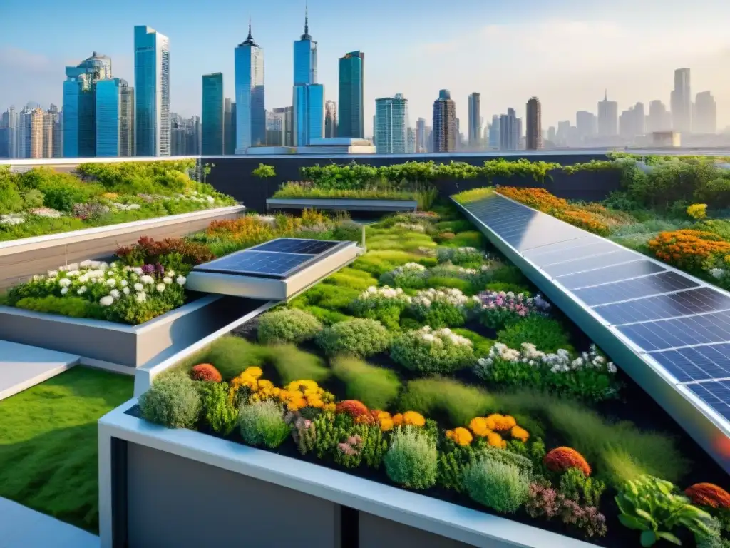 Edificio residencial moderno con un jardín verde en la azotea, resaltando los beneficios de las cubiertas verdes en viviendas sostenibles