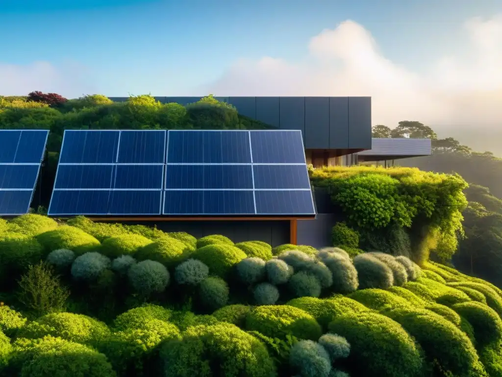 Edificio sostenible con Certificaciones ambientales en construcción, rodeado de vegetación exuberante y paneles solares brillantes