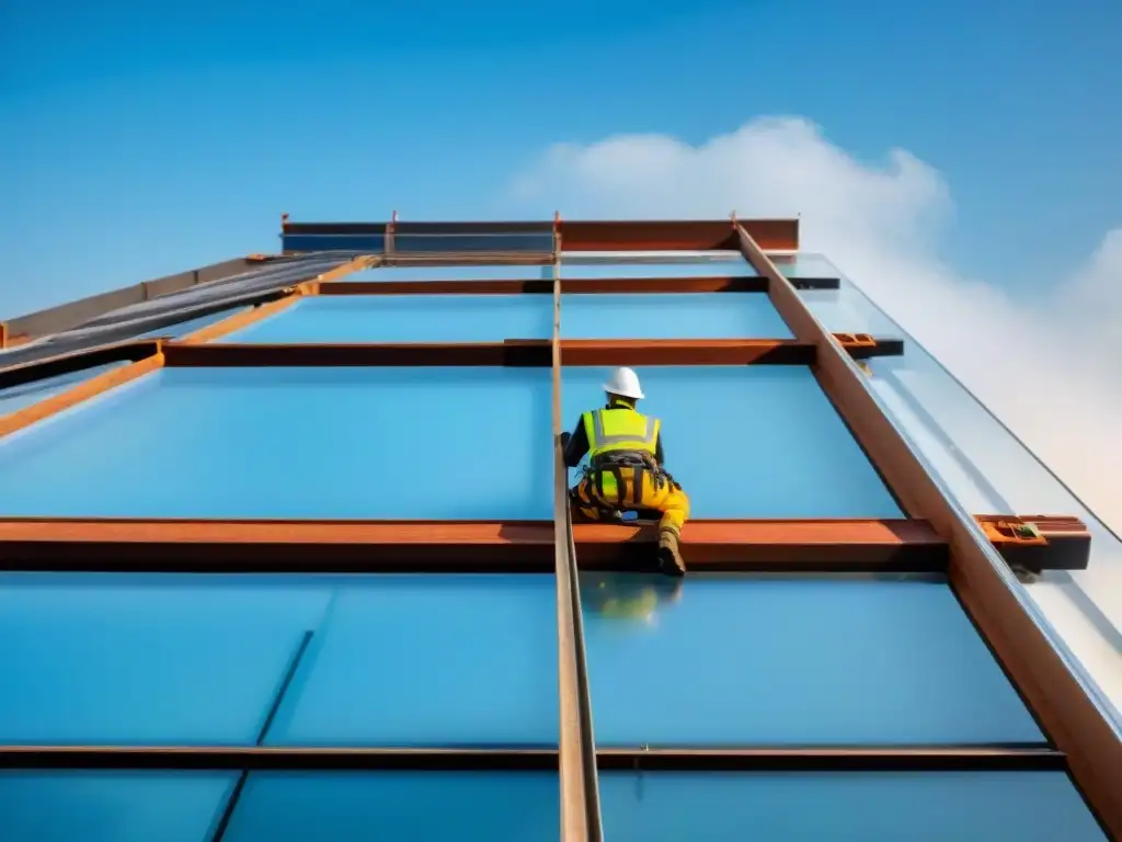 Edificio sostenible en construcción con materiales ecofriendly y trabajadores protegidos, innovación en construcción 2022