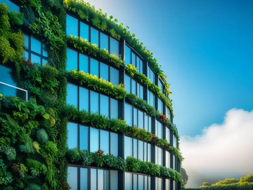 Un edificio sostenible diseñado con principios ecológicos en arquitectura, rodeado de naturaleza vibrante y cielo azul claro