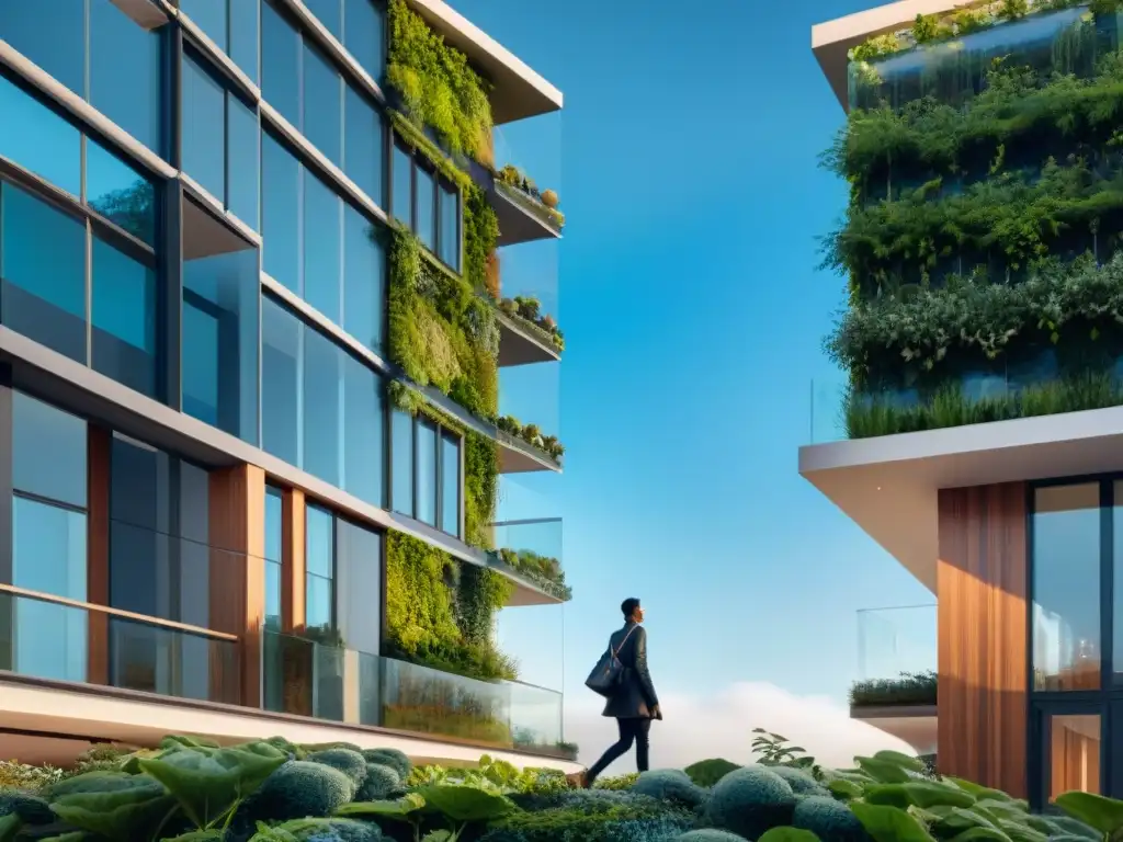 Edificio sostenible de diseño innovador por PureEarth: líneas limpias, muros verdes y jardín en la azotea