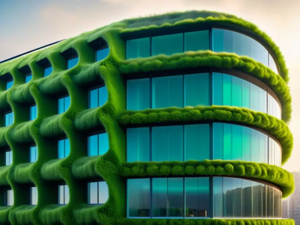 Edificio sostenible con fachada de microalgas en armonía, innovación y naturaleza