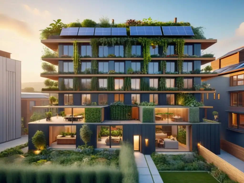 Un edificio sostenible hecho con materiales reciclados, paneles solares y jardines verticales al atardecer