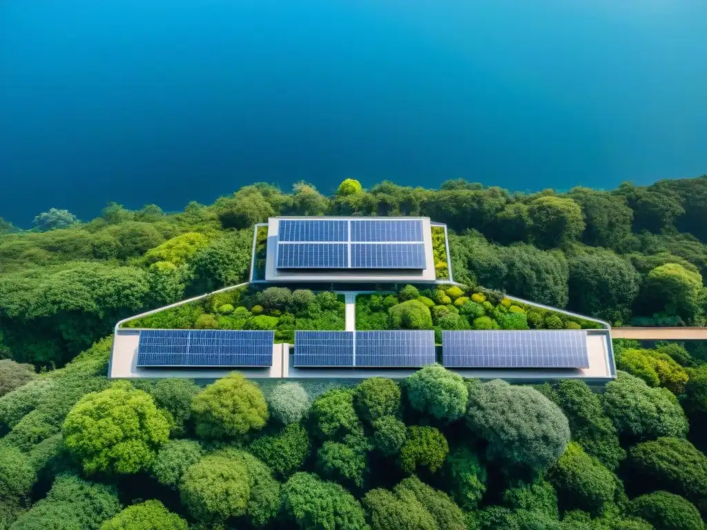 Edificio sostenible integrado en la naturaleza, con paneles solares y techos verdes