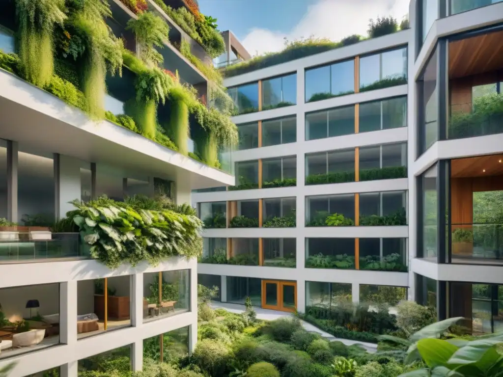 Un edificio sostenible integrado con la naturaleza, con un atrio central iluminado y jardines verticales