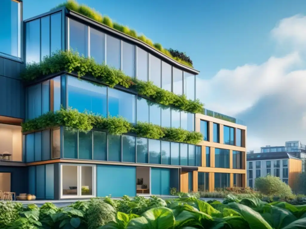 Un edificio sostenible con ventilación inteligente y jardín en la azotea, bajo un cielo azul y aire limpio