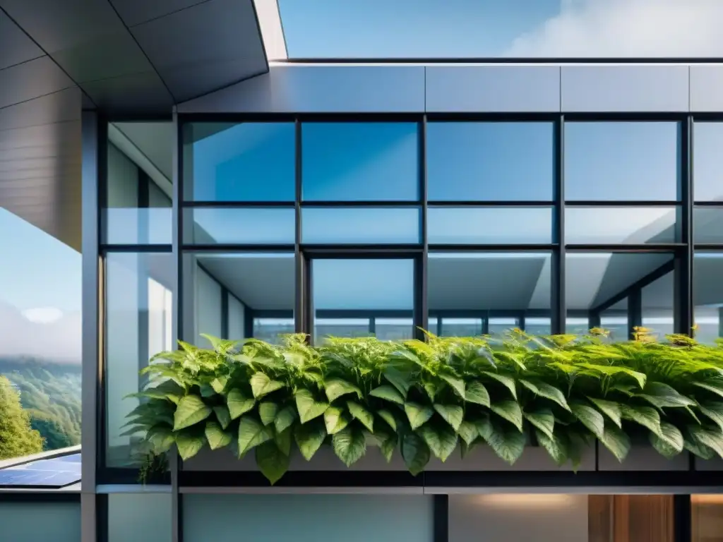 Un edificio sostenible con ventilación inteligente y diseño integrado, destacando la armonía entre naturaleza y tecnología