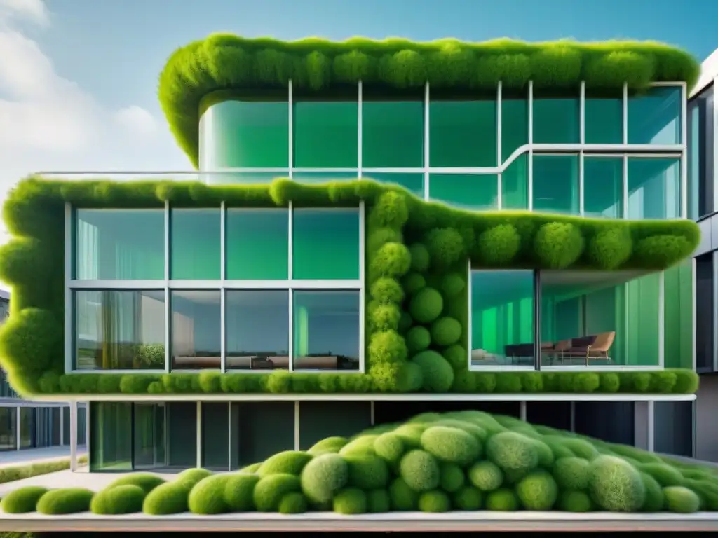 Un edificio sostenible moderno cubierto de microalgas verdes vibrantes, ilustrando la integración de estos organismos en la arquitectura