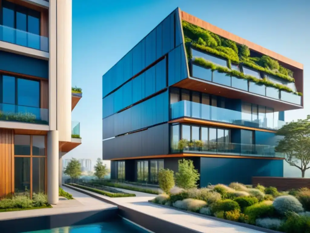 Un edificio sostenible moderno con diseño innovador y tecnologías ecoamigables