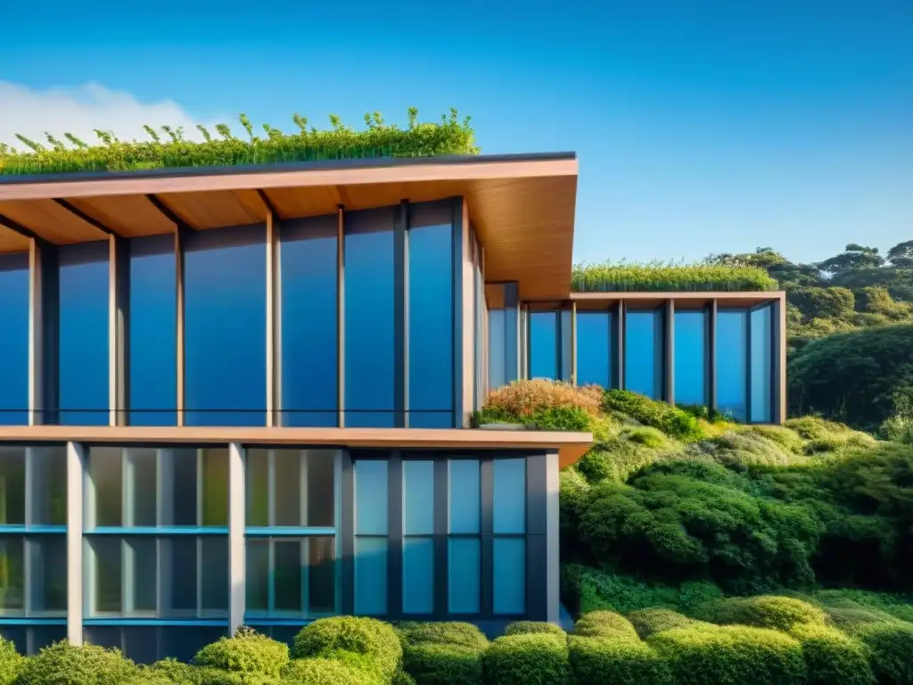 Un edificio sostenible moderno con materiales eco, como paneles solares y techos verdes, destacando en un entorno natural