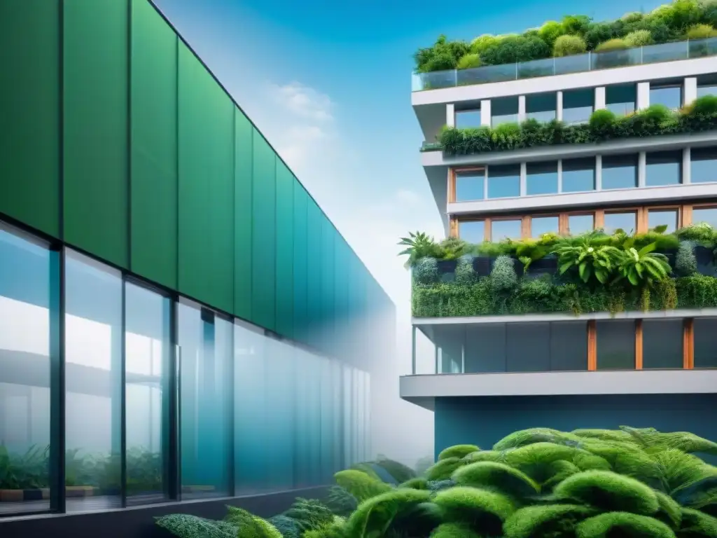 Un edificio sostenible moderno rodeado de vegetación exuberante y bajo cielos azules, resaltando sus innovaciones en construcción verde