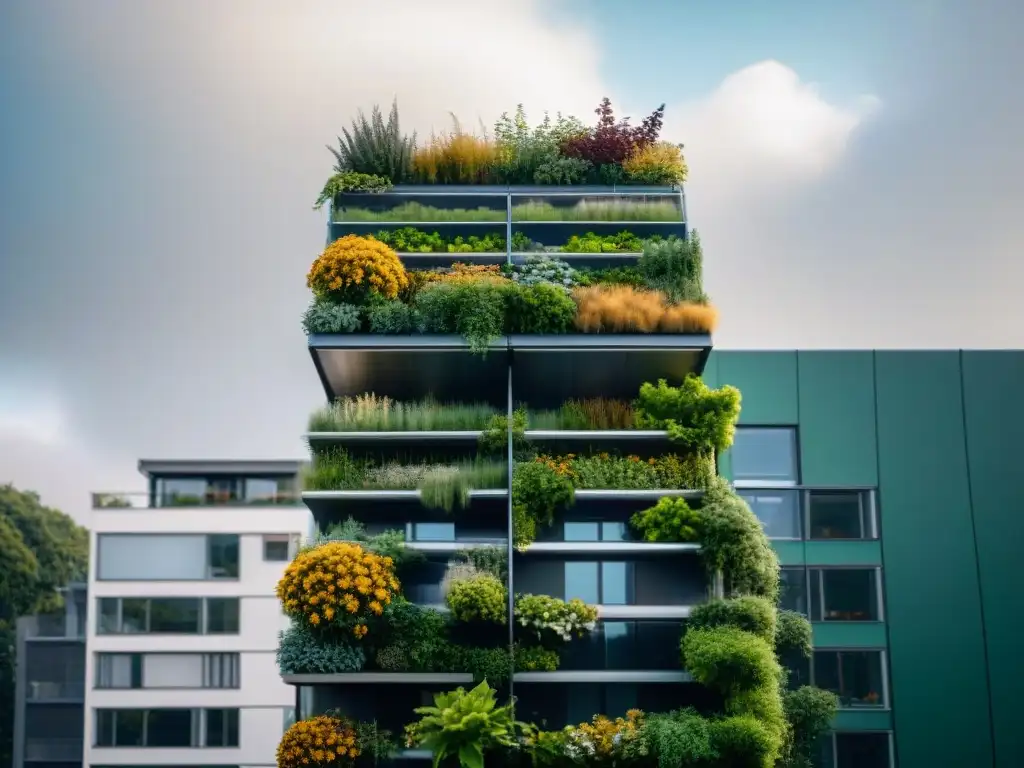 Edificio sostenible con muros verdes y paneles solares en ciudad