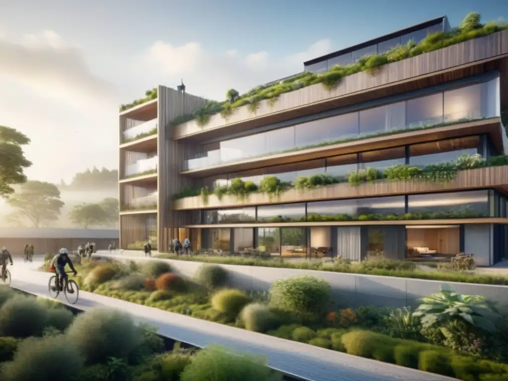 Edificio sostenible en un país pionero con diseño verde innovador y naturaleza exuberante, promoviendo la construcción sostenible en países pioneros