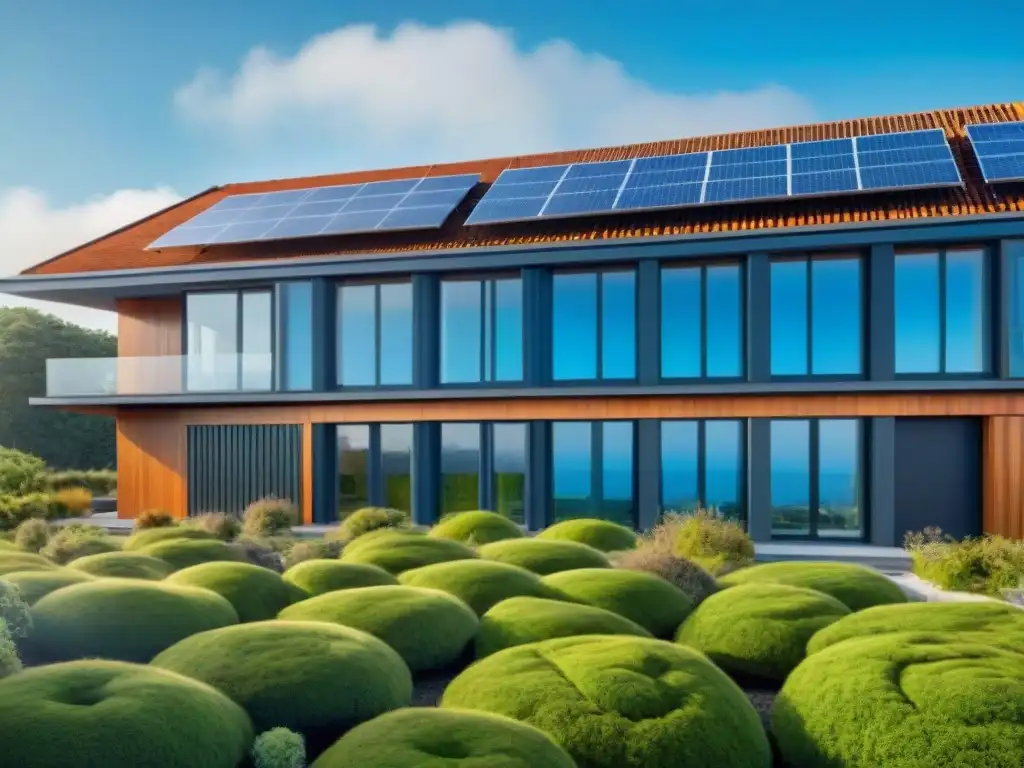 Edificio sostenible con paneles solares y jardín en la azotea, rodeado de vegetación