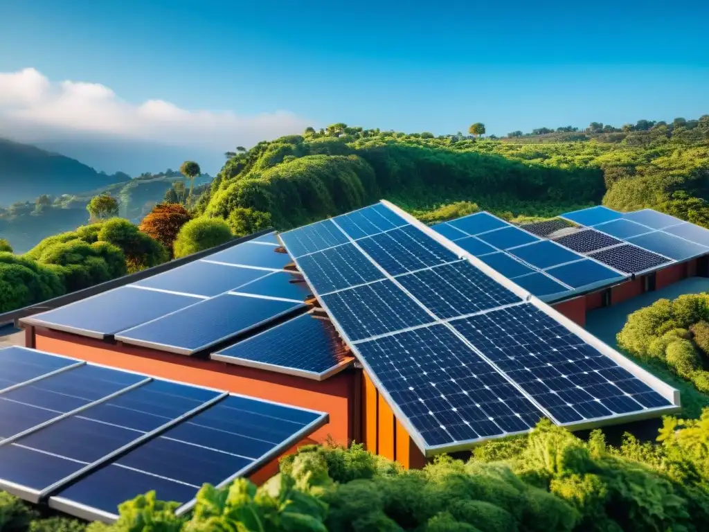 Un edificio sostenible con paneles solares en el techo, rodeado de vegetación, bajo un cielo azul