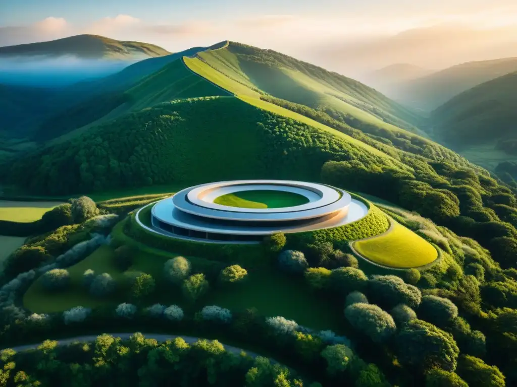 Un edificio sostenible de piedra natural se destaca en un paisaje verde