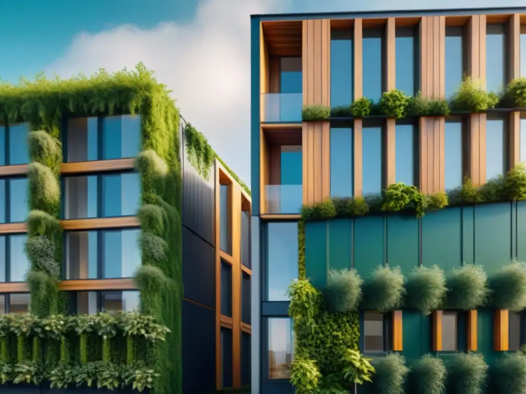 Un edificio sostenible con revestimientos ecológicos para fachadas, rodeado de naturaleza exuberante