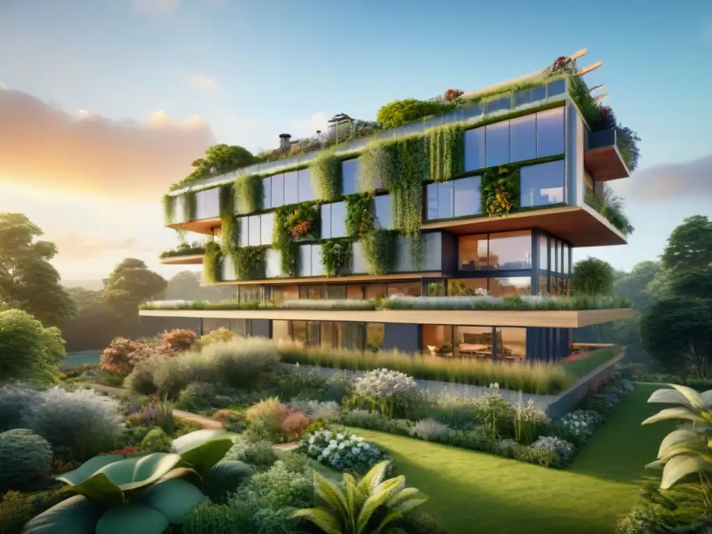 Un edificio sostenible rodeado de vegetación exuberante, con paneles solares y jardín vertical